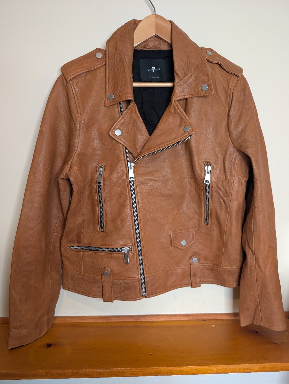 7 For All Mankind Genuine Leather Moto Jacket Cognac Tan Size L